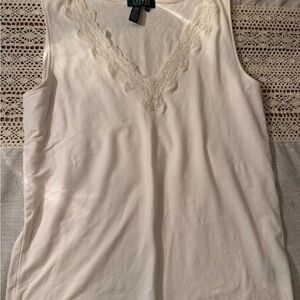 LAUREN RALPH LAUREN Ribbed Tank Top Womens 1X Cream Crochet Lace Detail Boho